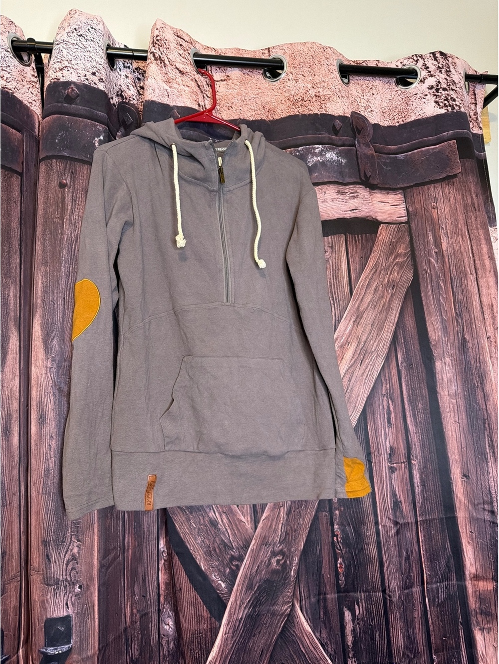Ampersand Avenue Gray Hoodie with brown heart Elbow Patches and Half-Zip, Size M
